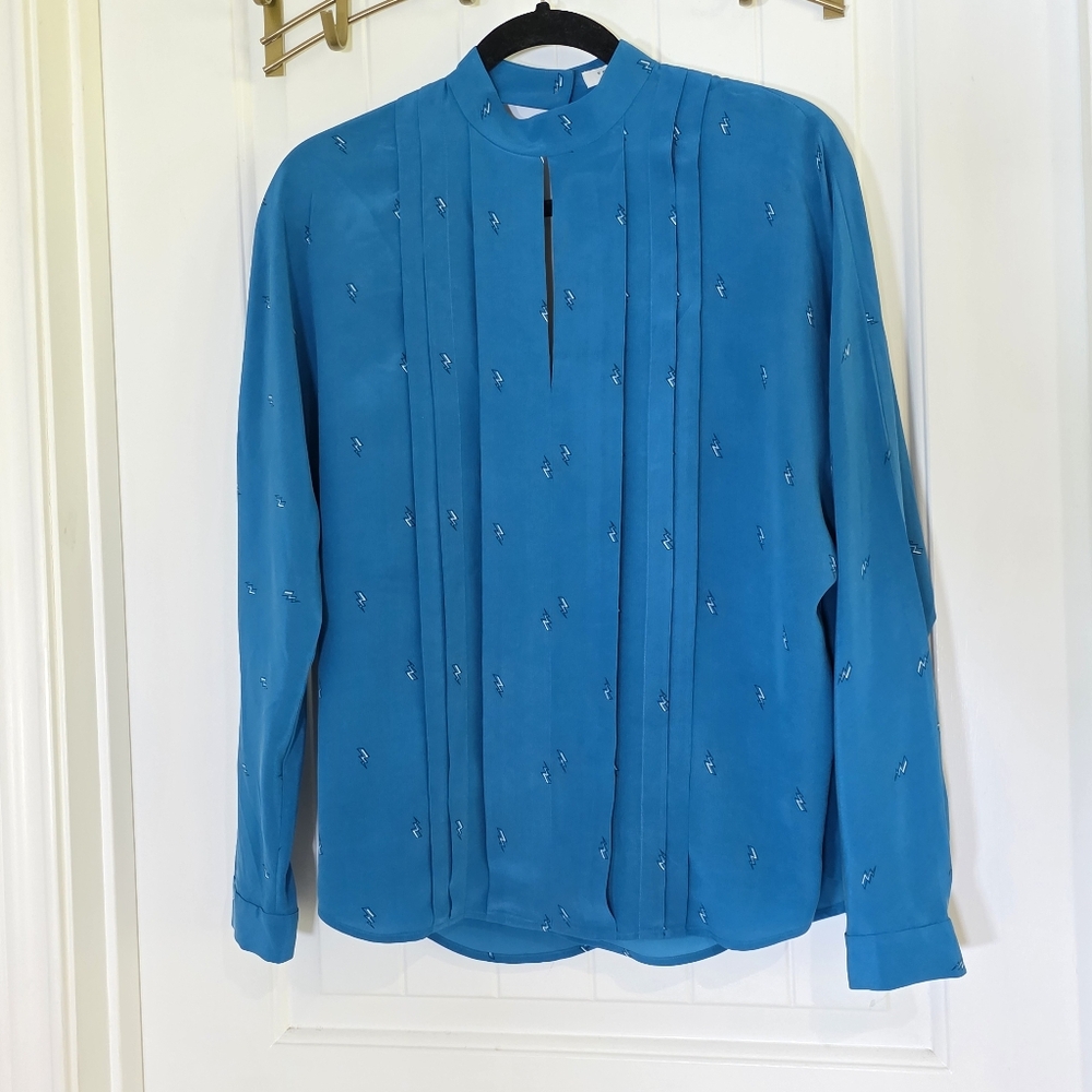 NWOT Blue Lightning Print Equipment‎ Silk Open Back Blouse Sz Small ⚡